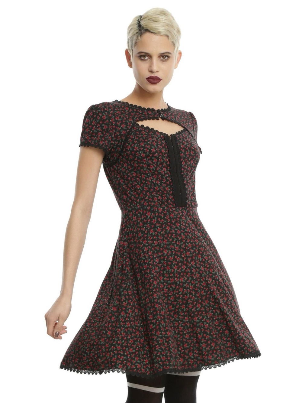 Hot Topic Black Dress with Red Floral Print and Keyhole